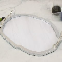 Gümüş Çerçeveli Oval Beyaz Mermer Desenli Dekoratif Tepsi
