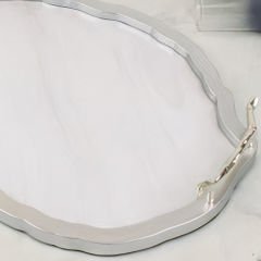 Gümüş Çerçeveli Oval Beyaz Mermer Desenli Dekoratif Tepsi