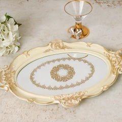 Oval Gold Varak Beyaz İşlemeli Dekoratif Tepsi