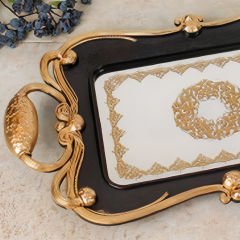 Gold Klasik Çerçeveli Siyah Altın Varak İşlemeli Dekoratif Tepsi
