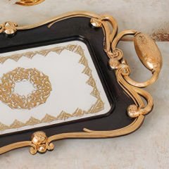 Gold Klasik Çerçeveli Siyah Altın Varak İşlemeli Dekoratif Tepsi