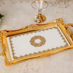 Klasik Gold Varak İşlemeli Dikdörtgen Dekoratif Tepsi