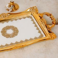 Klasik Gold Varak İşlemeli Dikdörtgen Dekoratif Tepsi