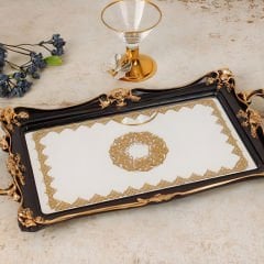 Altın Çerçeveli Gold Varaklı Siyah Dikdörtgen Dekoratif Tepsi