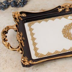Altın Çerçeveli Gold Varaklı Siyah Dikdörtgen Dekoratif Tepsi
