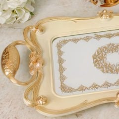 Gold Kaplama Klasik Desenli Dikdörtgen Dekoratif Tepsi