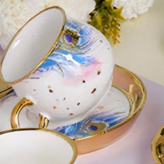 Gold Kulplu Mavi Mor Desenli 6 Kişilik Kahve Fincan Takımı
