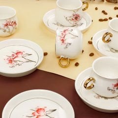 Gold Kulplu Çiçek Desenli 6 Kişilik Kahve Fincan Takımı