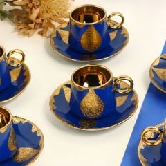 Gold Kaplama Desenli Mavi 6 Kişilik Kahve Fincan Takımı