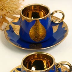 Gold Kaplama Desenli Mavi 6 Kişilik Kahve Fincan Takımı