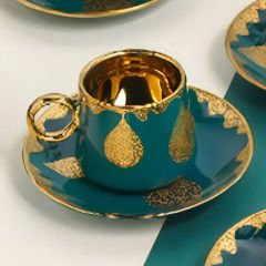 Gold Kaplama Desenli Yeşil 6 Kişilik Kahve Fincan Takımı