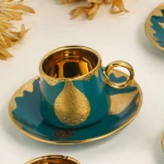 Gold Kaplama Desenli Yeşil 6 Kişilik Kahve Fincan Takımı