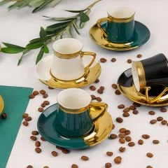 Gold Detaylı Siyah Beyaz Yeşil Porselen 6 Kişilik Kahve Fincan Takımı