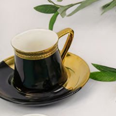 Gold Detaylı Siyah Beyaz Yeşil Porselen 6 Kişilik Kahve Fincan Takımı