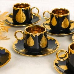 Gold Kaplama Desenli Siyah 6 Kişilik Kahve Fincan Takımı