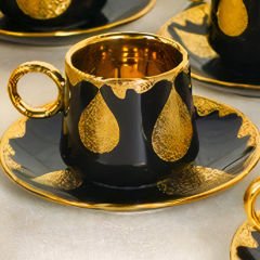 Gold Kaplama Desenli Siyah 6 Kişilik Kahve Fincan Takımı