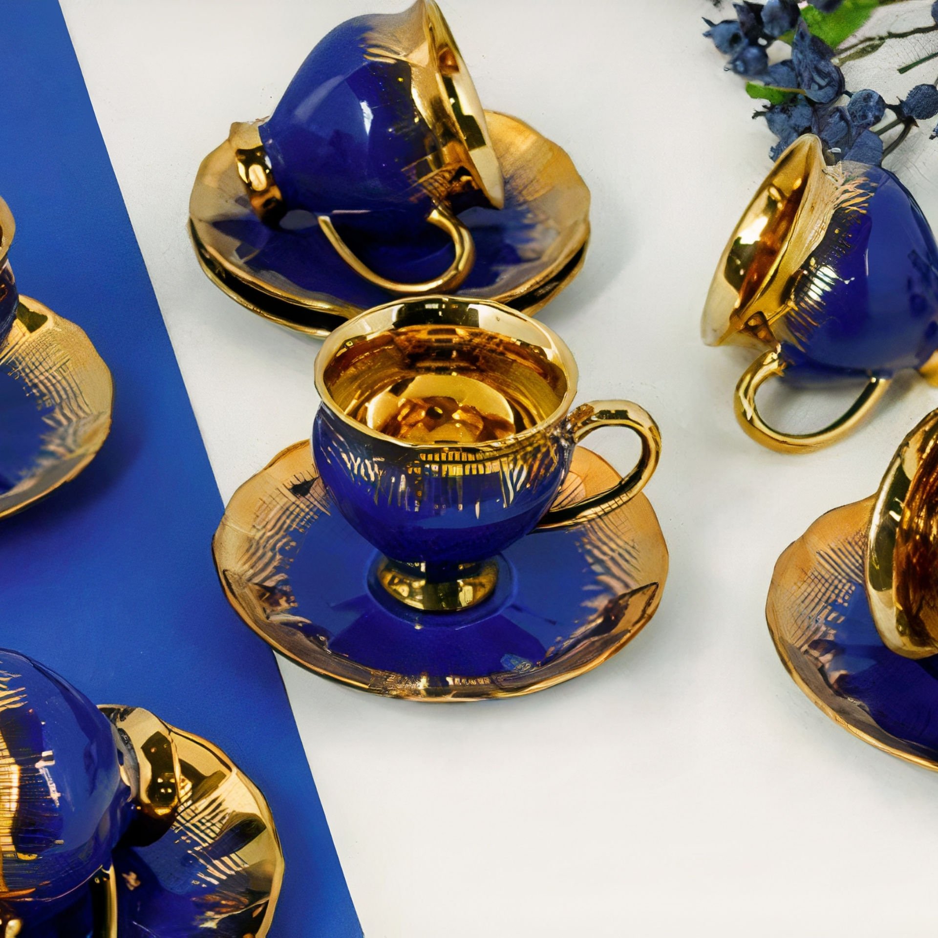Mavi Gold Detaylı 6 Kişilik Kahve Fincan Takımı