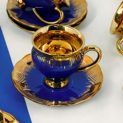 Mavi Gold Detaylı 6 Kişilik Kahve Fincan Takımı