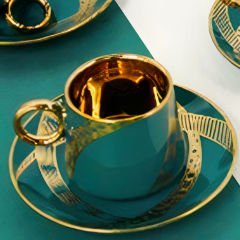 Yeşil Gold Detaylı 6 Kişilik Kahve Fincan Takımı