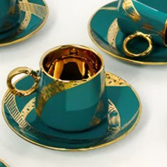 Yeşil Gold Detaylı 6 Kişilik Kahve Fincan Takımı