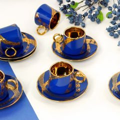Gold Detaylı Mavi 6 Kişilik Kahve Fincan Takımı