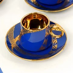 Gold Detaylı Mavi 6 Kişilik Kahve Fincan Takımı