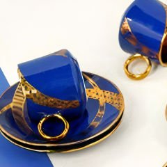Gold Detaylı Mavi 6 Kişilik Kahve Fincan Takımı