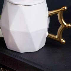 Gold Kral Taç Kapaklı Altın Kulplu Seramik Mug Kupa