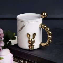 Altın Boncuk Kulplu Gold Tavşan Figürlü Seramik Mug Kupa