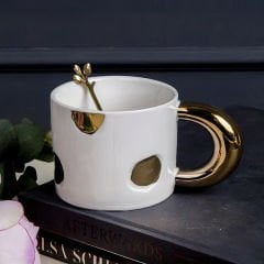 Gold Detaylı Altın Kulplu Beyaz Seramik Mug Kupa