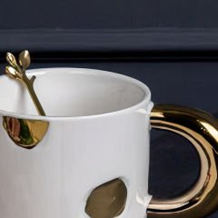 Gold Detaylı Altın Kulplu Beyaz Seramik Mug Kupa