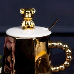 Gold Ayı Motif Kapaklı Altın Kaplama Kulplu Mug Kupa