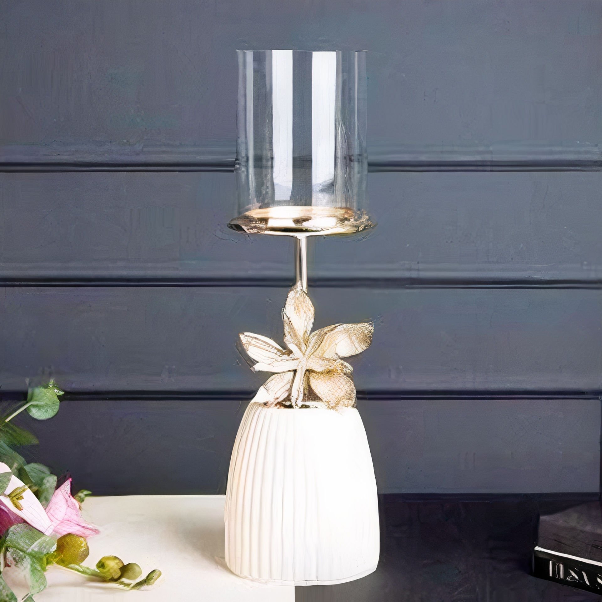 Altın Detaylı Gold Çiçek Motifli Cam Mumluk