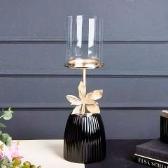 Altın Detaylı Gold Çiçek Motifli Siyah Cam Mumluk