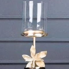 Altın Detaylı Gold Çiçek Motifli Siyah Cam Mumluk