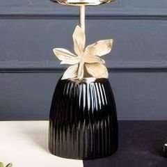 Altın Detaylı Gold Çiçek Motifli Siyah Cam Mumluk