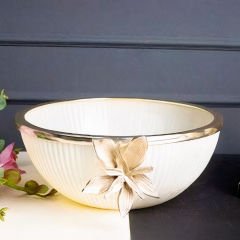 Gold Çiçek Motifli Altın Çerçeveli Beyaz Meyvelik Dekoratif Obje