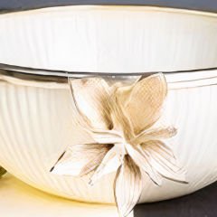 Gold Çiçek Motifli Altın Çerçeveli Beyaz Meyvelik Dekoratif Obje