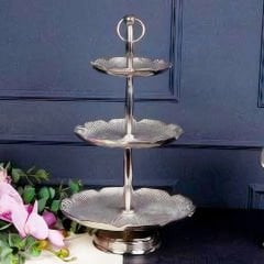Üç Katlı Gümüş Metal Sunumluk Dekoratif Obje