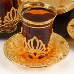 Gold Metal Lotus Desenli 6 Kişilik Çay Seti