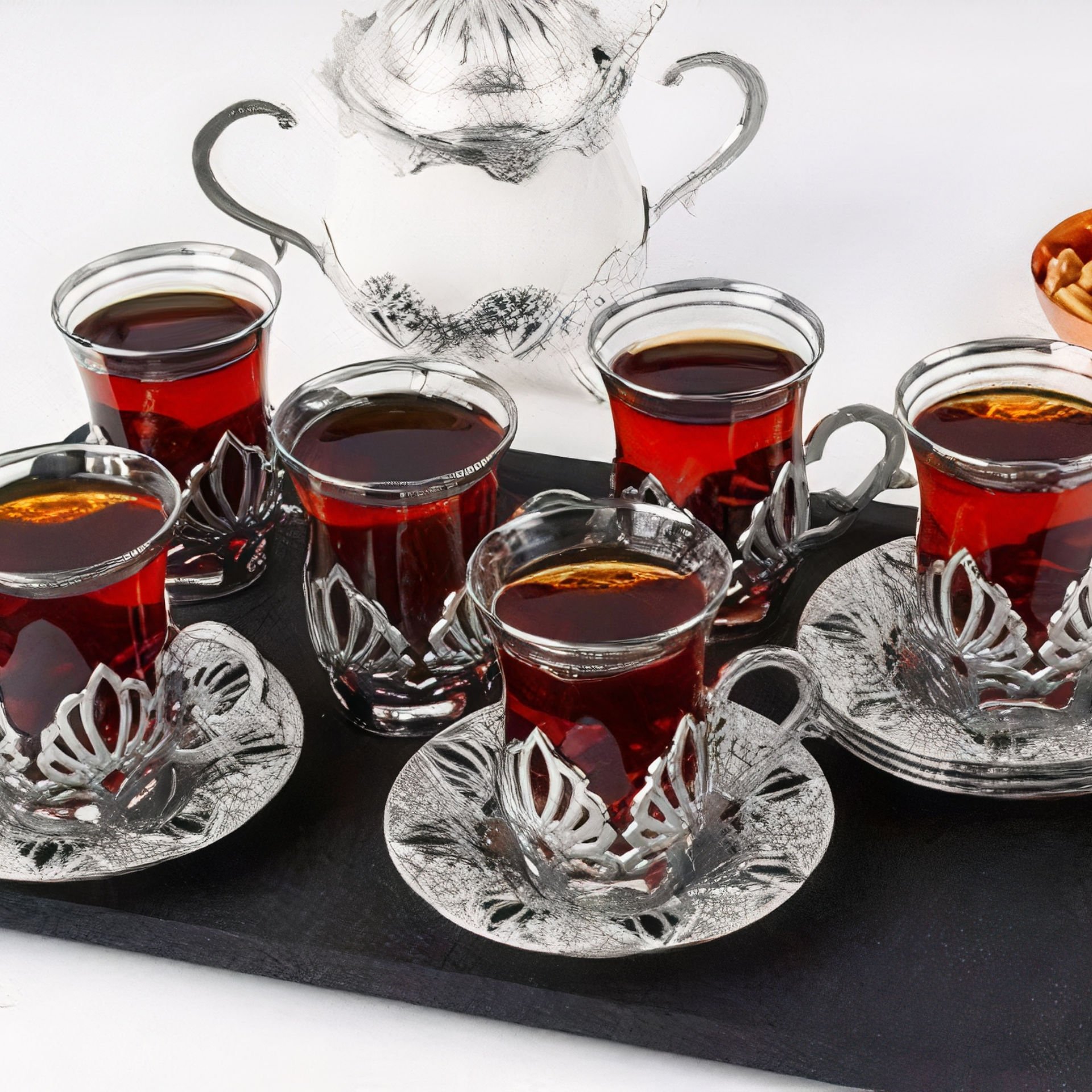 Gümüş Metal Lotus Desenli 6 Kişilik Çay Seti