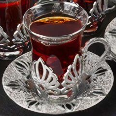 Gümüş Metal Lotus Desenli 6 Kişilik Çay Seti