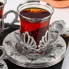 Gümüş Metal Lotus Desenli 6 Kişilik Çay Seti
