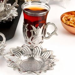 Gümüş Kaplama Desenli 6 Kişilik Çay Seti