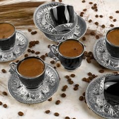 Gümüş Kaplama Desenli Siyah 6 Kişilik Kahve Fincan Takımı