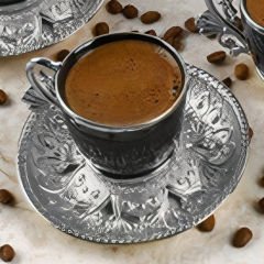 Gümüş Kaplama Desenli Siyah 6 Kişilik Kahve Fincan Takımı