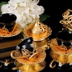Gold Metal Lotus Desenli Siyah 6 Kişilik Kahve Fincan Takımı