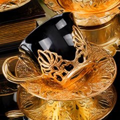 Gold Metal Lotus Desenli Siyah 6 Kişilik Kahve Fincan Takımı