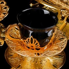 Gold Metal Lotus Desenli Siyah 6 Kişilik Kahve Fincan Takımı