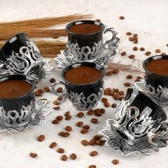 Gümüş Metal Lotus Desenli Siyah 6 Kişilik Kahve Fincan Takımı